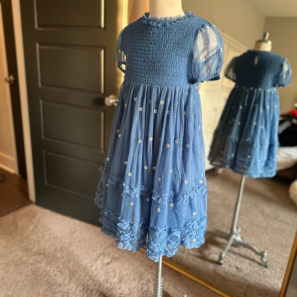 Mini Boden Blue Tulle Smocked Dress 6-7Y Embroidered Floral party